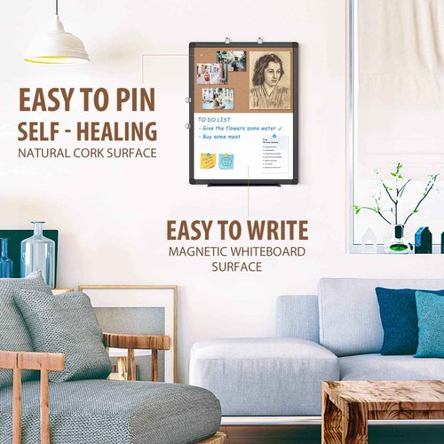 maxtek Combination White Board & Bulletin Cork Board 24 x 18 Whiteboard Magnetic, Combo Dry Erase Board with Black Aluminum Frame, 2' x 1.5' Hanging Message Board Wall Mounted for Homeschool Office