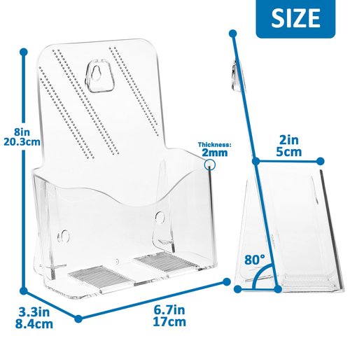 Acrylic Brochure Holder 6 x 8 Inch, Clear Slant Back Display Stand for 5.5 x 8.5 & 5 x 7 Inch Flyers, Pamphlets, Table Signs – Plastic Paper Holder for Office, Home, Store, 6 Pack