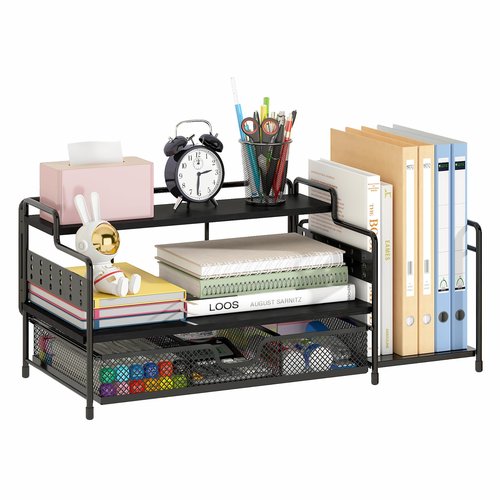 bukfen Office Desk Organizer with Upright File Holder, 2-Tier Office Desktop Shelf and one Sliding Drawer, Desk File Organizer and Storage Multi-Functional for School, Home,Black