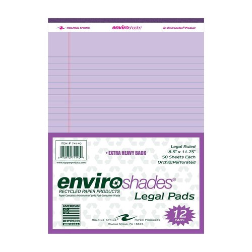 ROARING SPRING Enviroshades Recycled Colored Legal Pads, Orchid, 12 Pack, 8.5" x 11", Legal Ruled, 50 Sheets Per Pad, 15 lb Perforated Paper, Made in USA