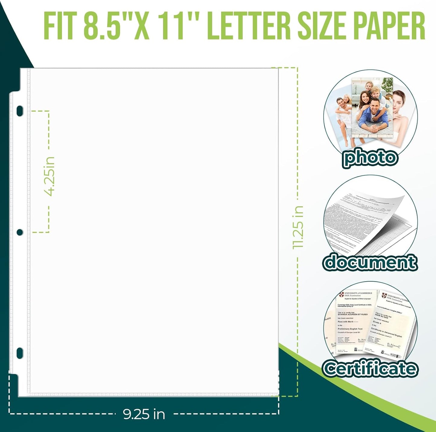 Skiennix Sheet Protectors - 100 Pack Clear Page Protectors for 8.5 x 11 Inch Documents | Top Loading Binder Sleeves