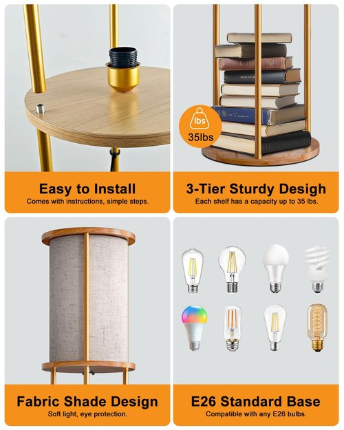 Lightdot 61" RGB Floor Lamp with Shelves - 3-Tier Storage Smart Remote Control Standing Lamp with Fabric Lampshade, E26 Bulb Included, Dimmable Floor Lamps for Living Room, Bedroom & Home Decor (Gold)