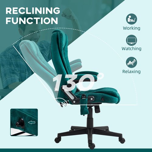 HOMCOM 6 Point Vibrating Massage Office Chair with Heat, Velvet High Back Executive Office Chair with Reclining Backrest, Padded Armrests and Remote, Dark Green