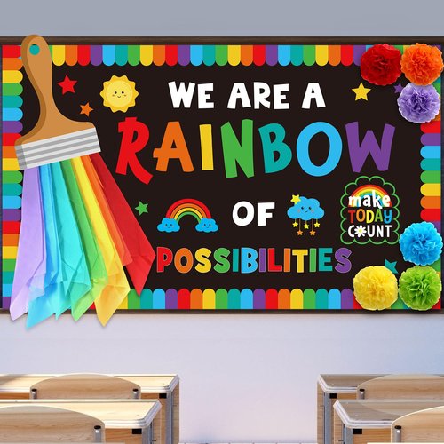 Fullhawl 3D We Are a Rainbow of Possibilities Bulletin Board Decorations Set Motivate Rainbow Theme Classroom Decor Colorful Sun Paint Brush Bulletin Board Cutout Border Back to School Chalkboard Wall