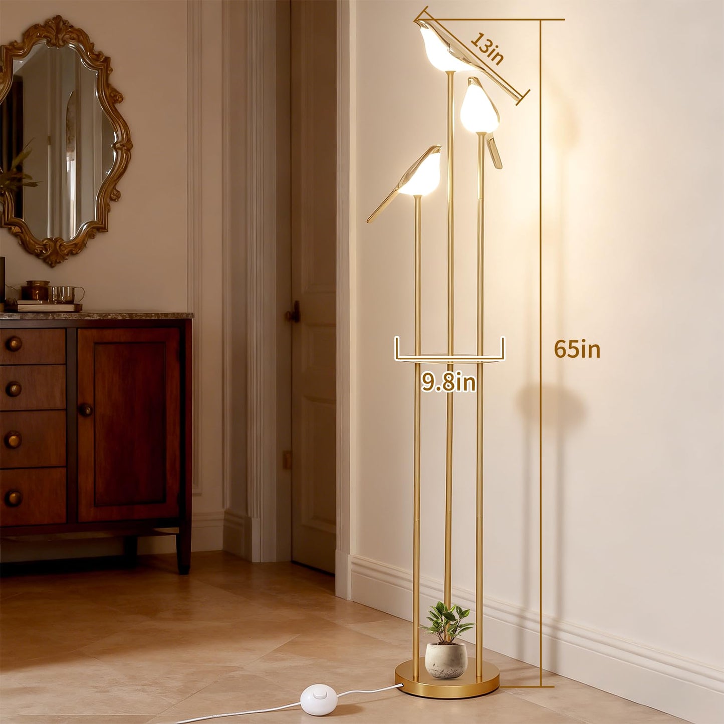 Deerift 𝑼𝒑𝒈𝒓𝒂𝒅𝒆 Unique Gold Floor Lamps for Living Room, with 3 Adjustable LED Bird Lights and Storage Shelf, Brightness Adjustable, Stand up Lamp for Bedroom Kids Room Office