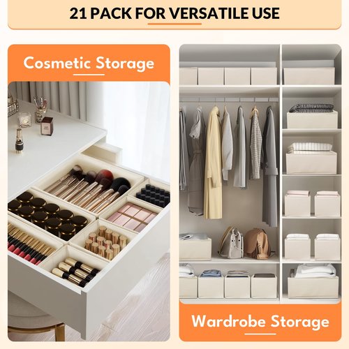 FANS-ONE Drawer Organizer Clothes, 21 Pack Dresser Organizer for Baby Clothes, Underwear, Socks, 3 Sizes Foldable Closet Organization and Storage Bins for Nursery, Bedroom (Beige)