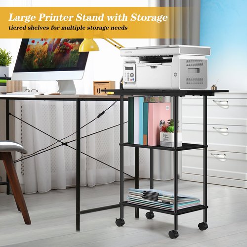 Luplom Black Modern Printer Stand with Storage 3 Tier Rolling Cart, Large Printer Table for Home Office, Multi-Level Storage, Compatible with Printers, Scanners, Office Supplies