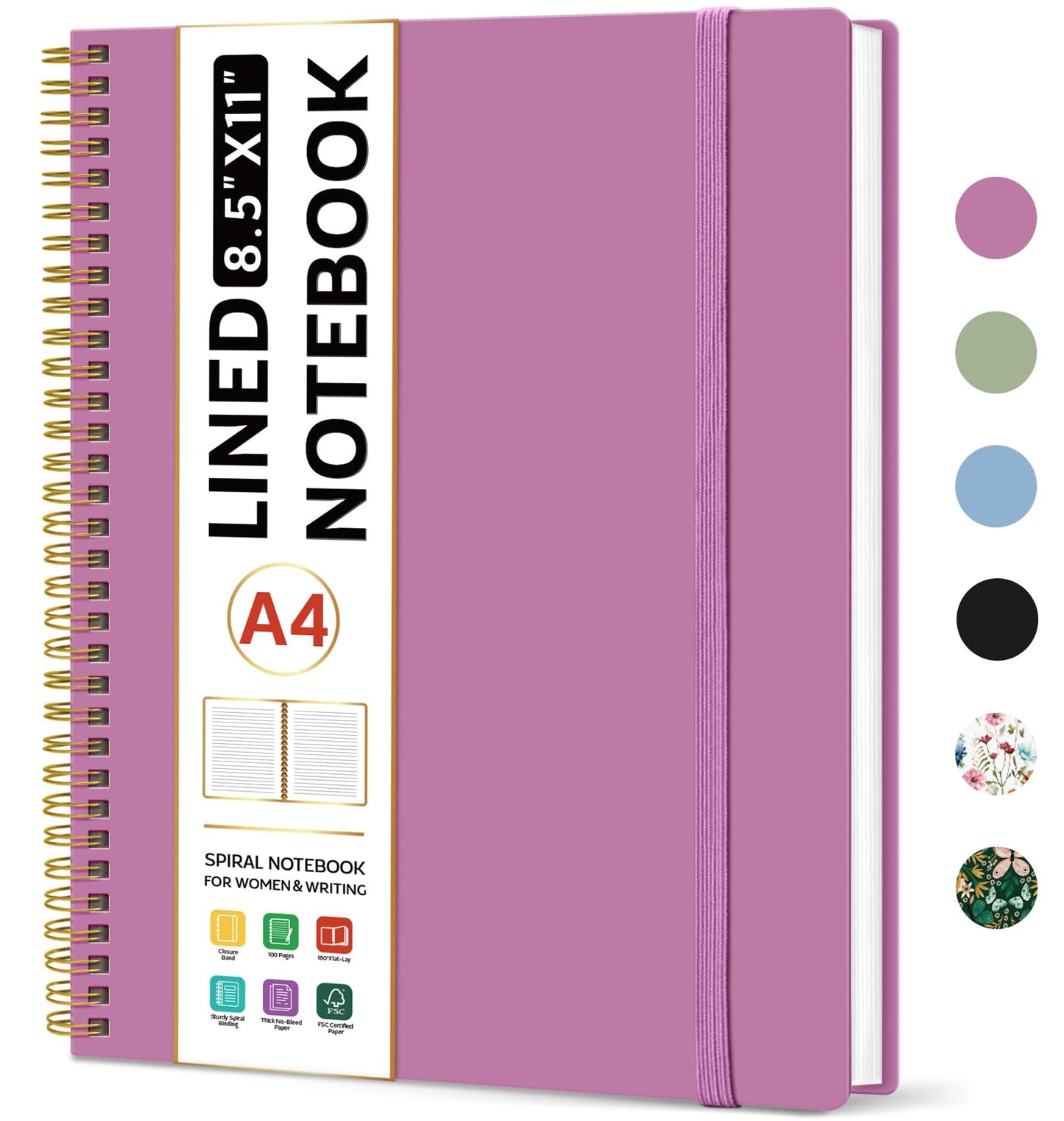 Taja Spiral Lined Notebook, 8.5"x11" Notebooks for Work, Large A4 Journal for Women & Men, College Ruled Journaling Notebook for Writing, Plastic Cover Spiral Journal, Purple