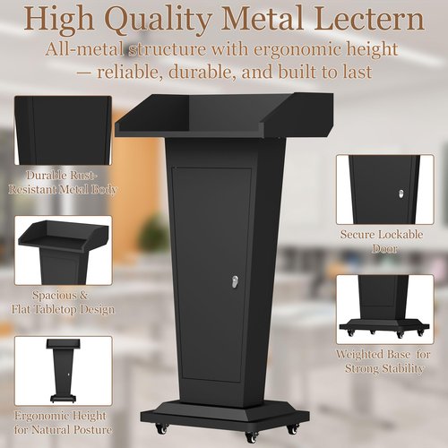 BERPET Podium Stand with 4 Locking Wheels, Heavy-Duty Metal Lectern for Church, School, Office, and Conference, Large Lockable Storage Cabinet, 43.7" H, Black