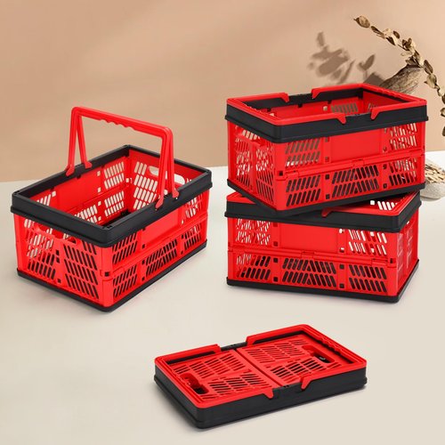 Plastic Storage Crate, Collapsible Crate for Storage Stacking Folding Storage Basket, Collapsible Shopping Basket,Car Storage Basket, Milk Crate with Handles for Kitchen, Bathroom, 20L (Red)