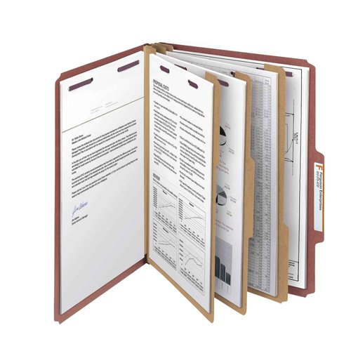 Smead Pressboard Classification File Folder with SafeSHIELD Fasteners, 3 Dividers, 3" Expansion, Letter Size, Red, 10 per Box (14092)