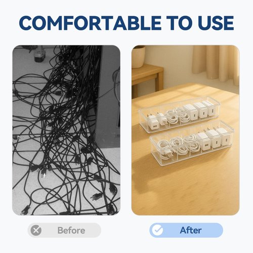 Josojoou 3Pack Cable Organizer Box, Cord Storage Organizer, Clear Charger Organizers with Lid, 30Pcs Cables Ties, Small Gird Plastic Boxes for Home Desk with Removable Compartment