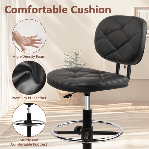 KLASIKA PU Leather Rolling Stool with Foot Rest and Back Support, Adjustable Diamond Upholstered Drafting Chair with Wheels, Multi-Purpose Desk Chair for Home Office Bar Kitchen Shop, Black (1PK)