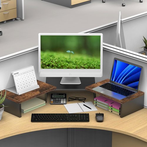 OUTIOE Dual Monitor Stand for Desk, Wooden Monitor Riser, Desk Shelf for Top of Desk, Computer Stand for Home and Office Use (Wood)