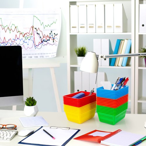 IKAYAS 30 Pack Colorful Small Plastic Classroom Storage Baskets, 6.1"L x 4.7"W x 2.4"H, Desk Organizer, Home, Office