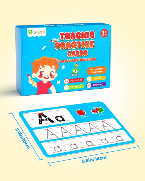 D-FantiX Magic Grooved Writing Practice for Kids Age 3-5, Reusable Grooved Handwriting Practice for Kids 5-7, Number Letter Tracing Practice Cards for Kids Kindergarten Preschool Learning Activities