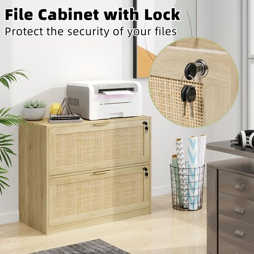 HOPUBUY 2 Drawer File Cabinet with Lock, Printer Stand Lateral Filing Cabinets for Home Office and School, Wood Rattan File Cabinet for Hanging Files/Letter/Legal/A4/F4 Size, Oak
