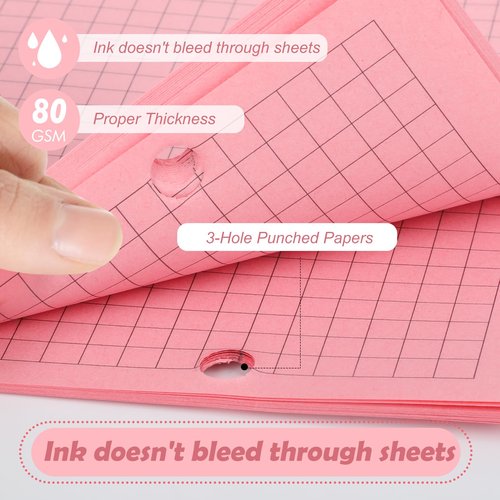 100 sheet Half Letter Graph Paper Refill 3 Hole Punch 5-1/2 x 8-1/2 College Ruled Grid Paper Pad Math Graph Paper Pad Colored Mini Binder Paper Planner Inserts Fits 3 Ring Binders For Office