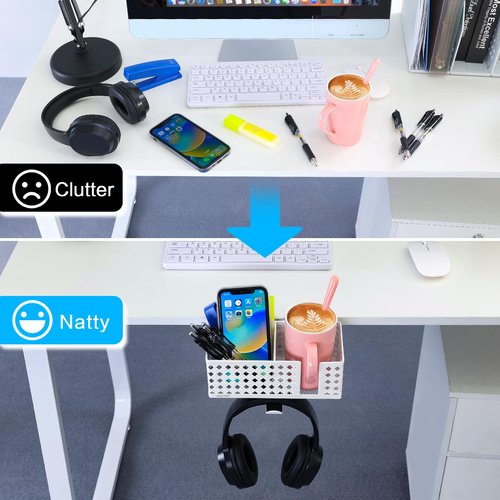 Aurynns Desk Cup Holder, Clip on Cup Hook, Pen Holder Clamp Desk Organizer Pencil Holder Phone Holder Desk Storage for Office School Home (White)