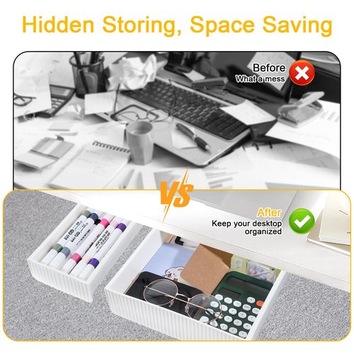 Prasacco 2 Pcs Under Desk Drawer Slide Out Under Desk Storage Drawers Organizer Hidden Adhesive Drawers for Cabinets Table Shelf Drawer Attachment for Office/Home/Classroom, White