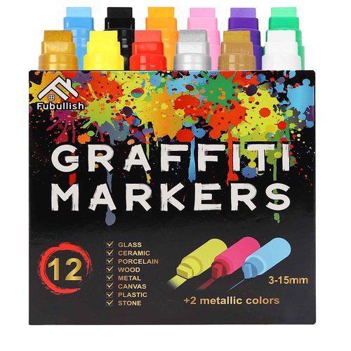 Fubullish 15mm Jumbo Paint Markers 12 Colors Acrylic Paint Pens for Wood Canvas Stone Rock Painting Mug Ceramic Glass Metal Surfaces DIY Crafts Making Art Supplies
