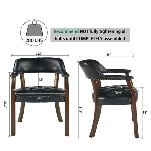 LEEMTORIG Set of 6 Faux Leather Dining Chair with Arms, Dining Chair with Supportive Back, Game Poker Table Chairs, Boss Caption's Chairs Office Desk Chairs, Cherry Walnut Legs & Black PU NX173D