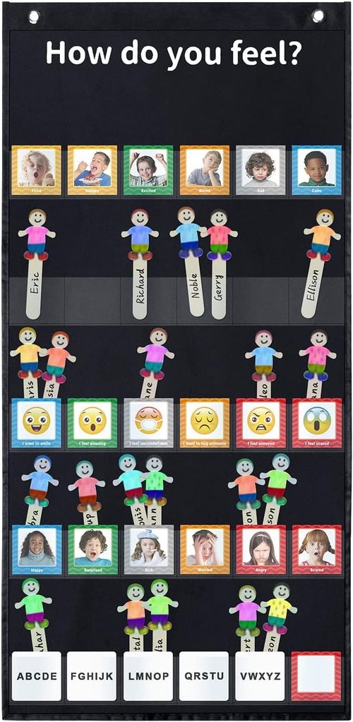 Boczif Emotions Feelings Pocket Chart - 24 Cards for Social Emotional Learning | Classroom Decor (Black)
