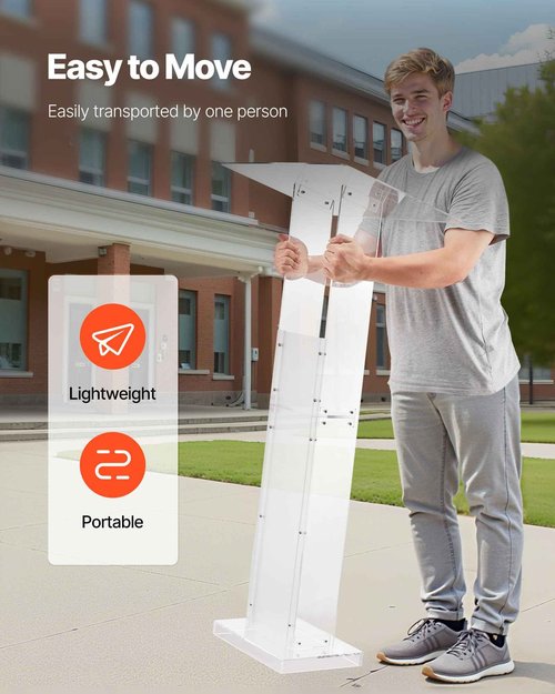 VEVOR Podium Stand, 50-Inch Acrylic Lectern, Portable Laptop Desk with Wide Reading Surface and Storage Shelf, Book Stopper, Floor-Standing, for Classroom, Wedding, Conference, Lecture and Concert