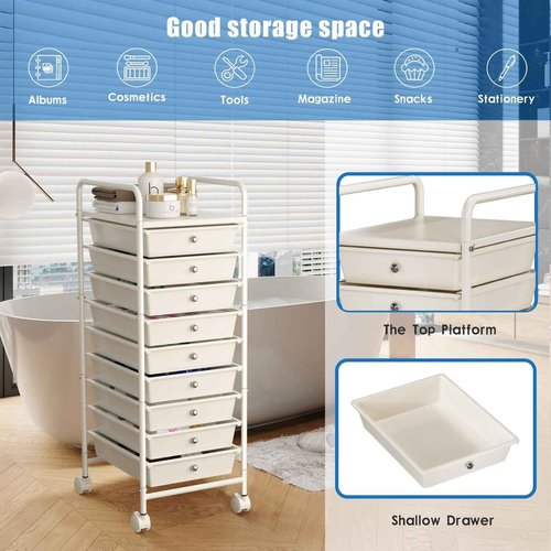 Shrivee 9-Tier Utility Cart with 9 Drawers, Rolling Utility Cart with 2 Lockable Caster Wheels, Multipurpose Mobile Rolling Storage Drawer Cart for Office Bathroom Kitchen, Ivory White