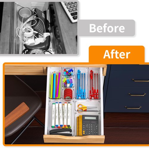 Yieach 25 Pc Clear Plastic Drawer Organizer Set,4 Sizes In Drawer Organizer Trays for Bathroom,Office,Kitchen Cabinet and Vanity Organizers,Desk Drawers Organizer Bin for Jewelry,Cosmetic,Utensil,Junk