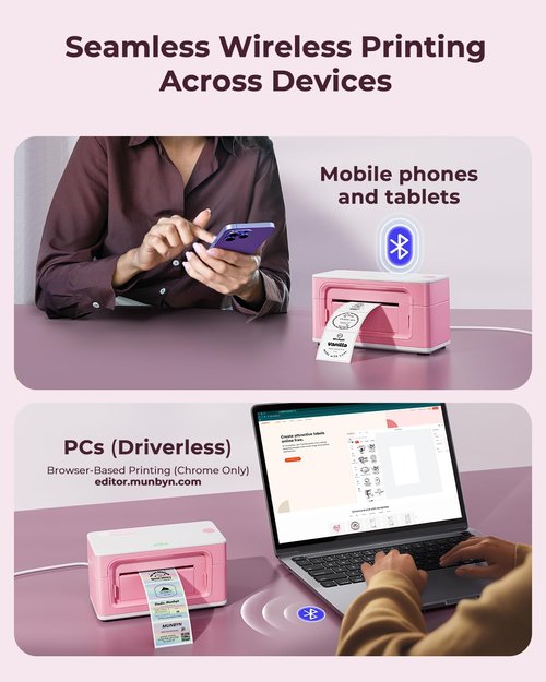 MUNBYN Bluetooth Thermal Label Printer - Wireless 300DPI 4x6 Shipping Labels | Compatible with Windows, Mac, iPhone, Android (Pink)