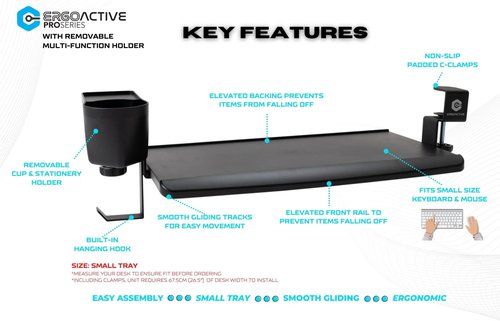 ErgoActive Small Size Keyboard Tray with Multi-Function Cup Holder, Clamp On Easy Installation, Desk Organizer (Small Tray) (with Cup Holder)