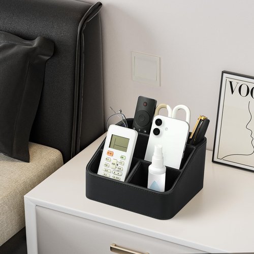 MEIBOOCH Remote Control Holder, PU Leather Small Desk Organizer for Men Women Nightstand Bedside Table Organizer Remote Caddy with Rounded Edges Design (Black)