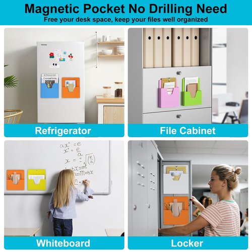 MFTEK Magnetic File Holder 6 Pockets Paper Holder, Hanging File Organizer Magazine Rack Office Supplies Storage for Cabinets, Whiteboard, Magnetic Mail Letter Folder Storage for Refrigerator