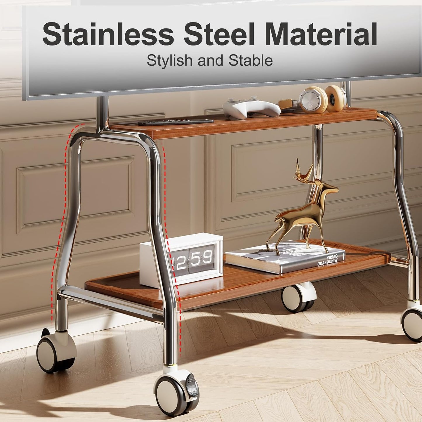 Skiennix Mobile TV Cart - Rolling Stand for 32 to 75 Inch Flat Screens | Stainless Steel, Locking Wheels, 110 Lbs Capacity