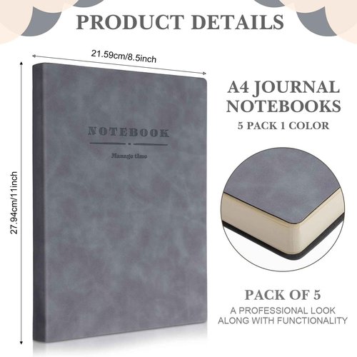 SATINIOR 5 Pack A4 Notebooks Large Journal 360 Pages Leather Softcover Hardcover Notebooks Thick Paper Lined Notepad for Office School Business Note Taking Writing, 8.5'' x 11''(Gray)