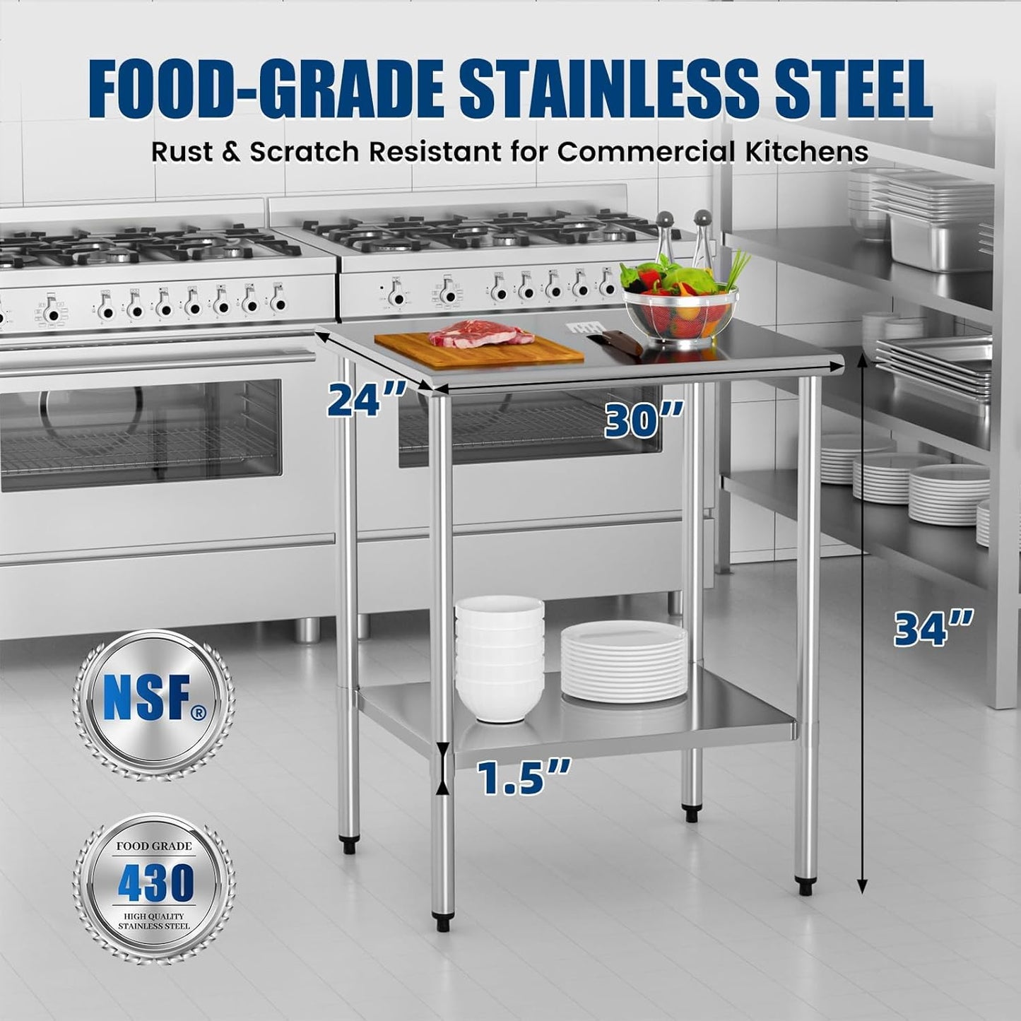 Skiennix Stainless Steel Prep Table - Heavy Duty 24x30 Inches with Adjustable Under Shelf & Foot