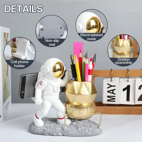 UREYMX Astronaut Pen Pencil Holder with Phone Stand Resin Spaceman Pencil Holder Desk Pen Holder Organizer Decorative Accessories Suitable Office Classroom Home Creative Gifts for Adults and Kids