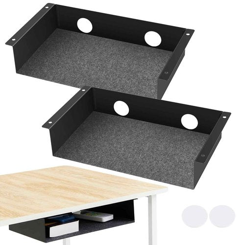 Yaocom 2 Pack Under Desk Hanging Shelf, Carbon Steel Storage Tray with Mute Felt Sheets, Mount Shelves Organizer for Office Home Workstation Gaming Desk Stand up(13x8x2.8 in/Storage Shelf,Black)