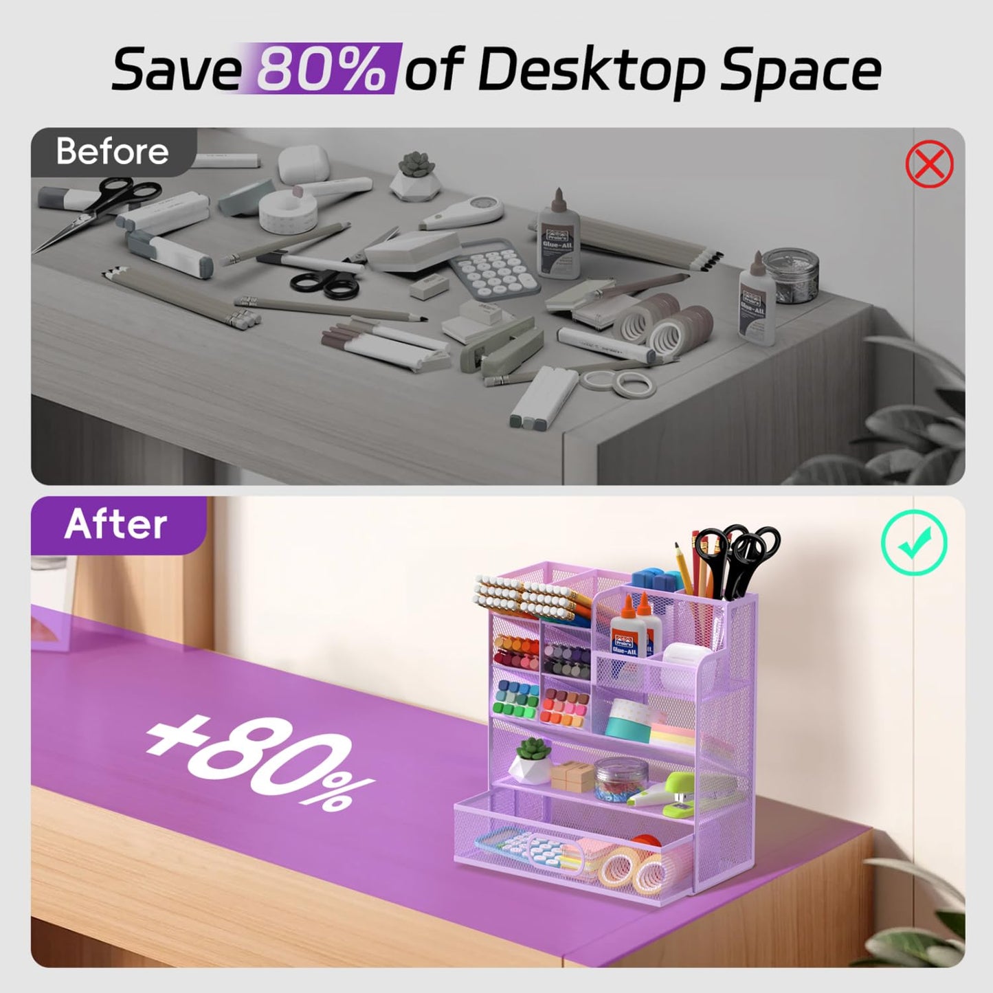 ReePlan Mesh Pen Organizer for Desk - Multi-Functional Pencil Holder with Drawer Desk Organizers, Large Capacity Storage for School Office Home Supplies (Purple)