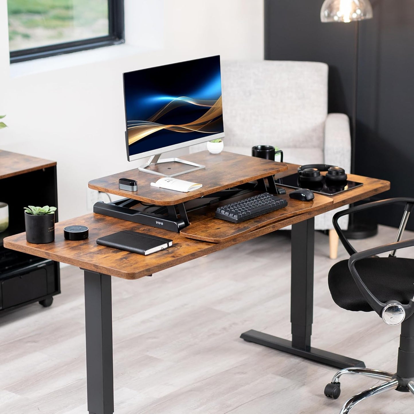 VIVO Height Adjustable Sit to Stand Desk Converter - 28 Inch Rustic Vintage Brown Top | Dual Monitor Workstation
