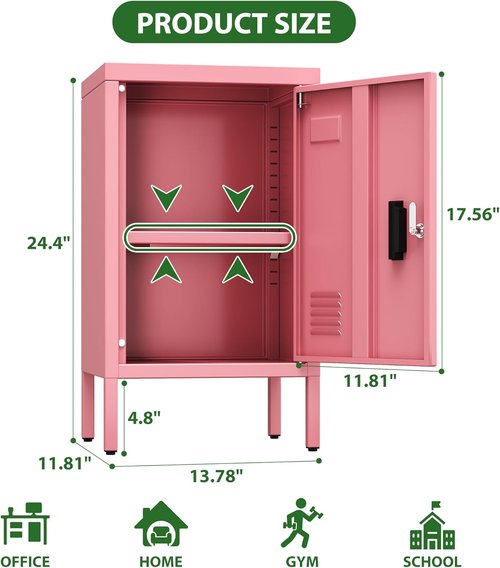 Aobabo 24.4" H Metal Locker Cabinet - Adjustable Shelves & Leveling Feet | Pink Nightstand for Home & Office