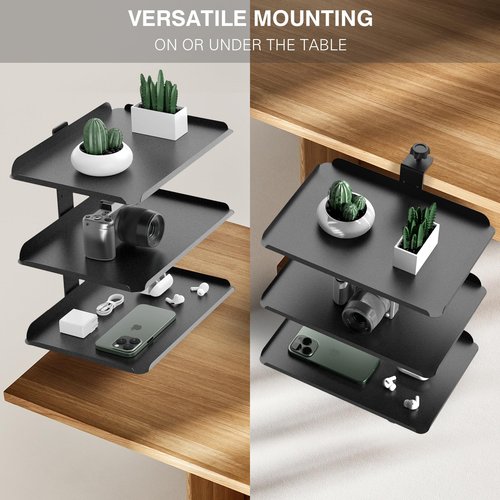 ONDAIUN 3 Tier Clamp On Desk Shelf - Over Or Under Table Clamp,with Adjustable Metal Storage Tray Headphone Stand with No Drill Installation, for Home Office, Gaming Devices,Storage Tray,and More