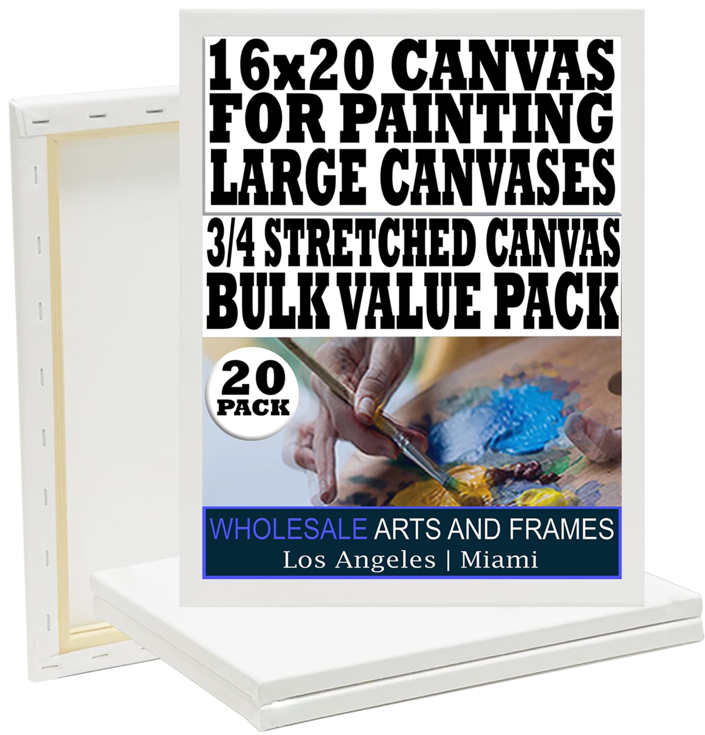 Stretched Canvas for Painting 16x20 20PK 3/4" 10 Oz. 16x20 Canvas Value Pack.Large Stretched Cotton Blank Canvas for Painting. 16 x 20 Canvases Bulk XL Rectangle Universal Triple Primed for Paint&Sip