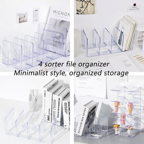 Acrux7 4 Pack Clear Acrylic File Organizer 4 Sections Acrylic Desk File Sorter 12.8 x 5.6 x 5.1 Inch Vertical Desk File Organizer, Acrylic Dividers for Office Home Shelves Book Mail Purse Handbag