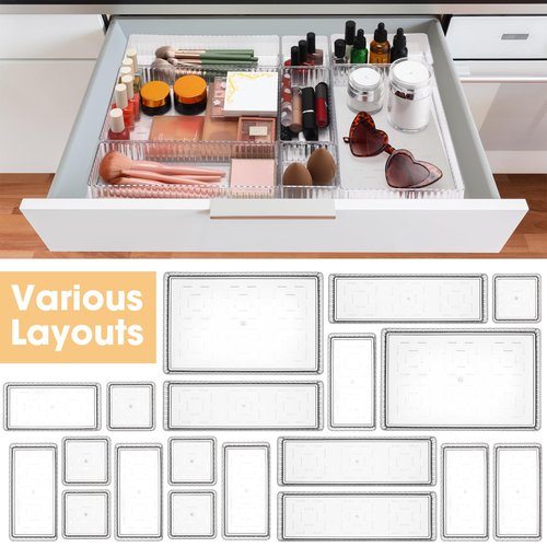 Teenyyou 18 Pcs Clear Drawer Organizer Stackable 4 Size Clear Makeup Drawer Organizer Trays Acrylic Bathroom Vanity Storage Bins for Cosmetic, Jewelries, Office Supply, Kitchen Utensils(Stripes)
