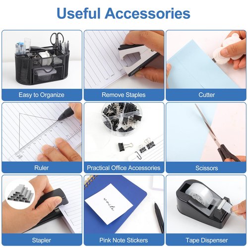 PrintPulse Office Supplies for Desk,14pcs Black Desk Sets and Accessories, Office Supply Kit with Mesh Desktop Organizer and Stapler,Staple Remover, Staples,Tape Dispenser,Sticky Tabs,Scissors, Ruler