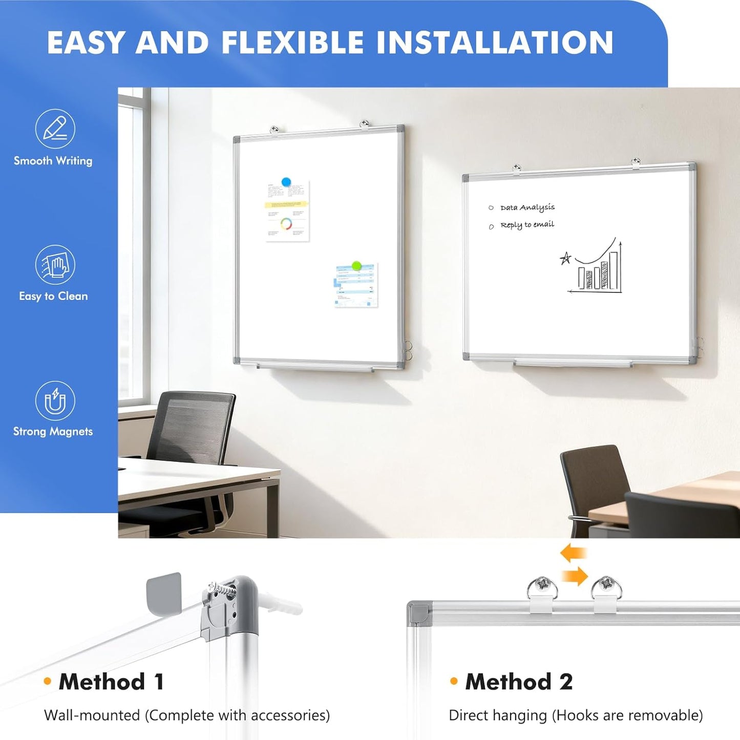 WALGLASS Double-Sided Dry Erase White Board - 36" x 24" | Wall-Mounted with Silver Aluminum Frame