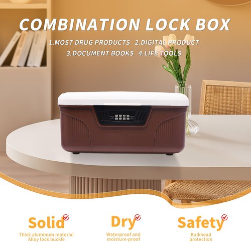 AnRui 2.3 Gallon Portable Safe Box with Lock, Plastic Lockable Storage Container Bin, Password Storage Organizer Locking Box for Car, School, Office, Home and Outdoor (Brown)