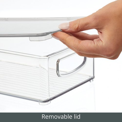 mDesign Plastic Storage Bin Box Container with Lid and Built-in Handles - Organization for Pens, Pencils, or Work Supplies in Home Office, Cabinet, or Desk Top, Ligne Collection - 4 Pack - Clear